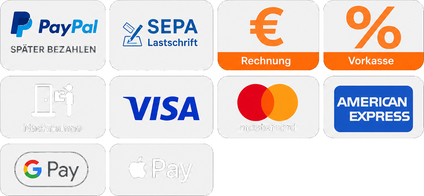 Zahlungsweisen: PayPal, SEPA, Rechnung, Vorkasse, Nachnahme, Visa, Mastercard, American Express, Google Pay und Apple Pay